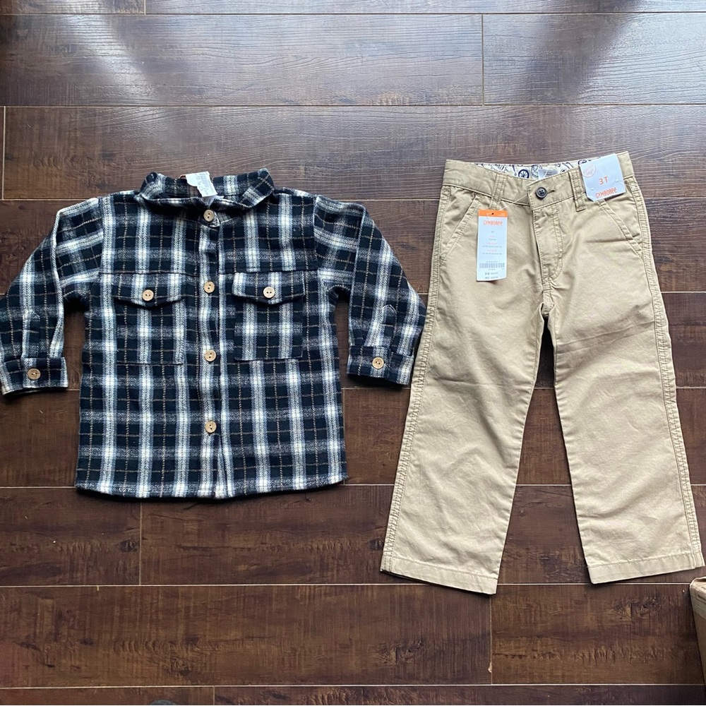 Gymboree Khaki Pants & Mebie Baby Plaid Top Toddler Boys Size 3